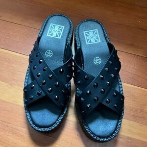 T.U.K Black TUKskin Cross Strap Studded Plaform Sandal